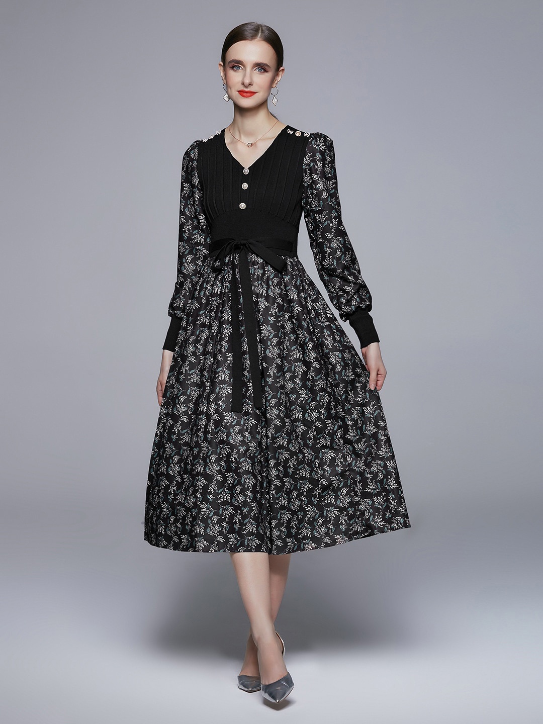 

JC Collection Floral Long Sleeve Tie Up Detail Fit & Flare Midi Dress, Black
