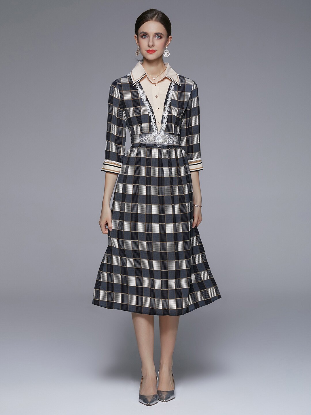 

JC Collection Checked A-Line Midi Dress, Black