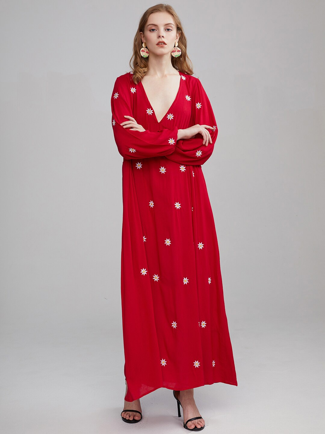 

JC Collection Floral Embroidered V-Neck Cuffed Sleeves Pure Cotton Maxi Dress, Red