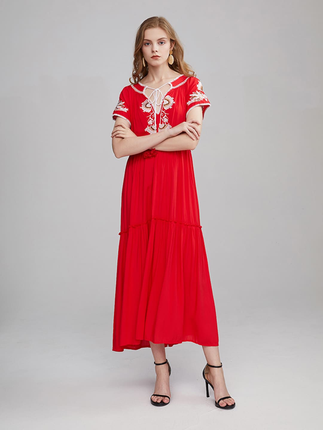 

JC Collection Embroidered Cap Sleeve Tie-Up Neck Pure Cotton Maxi Dress, Red