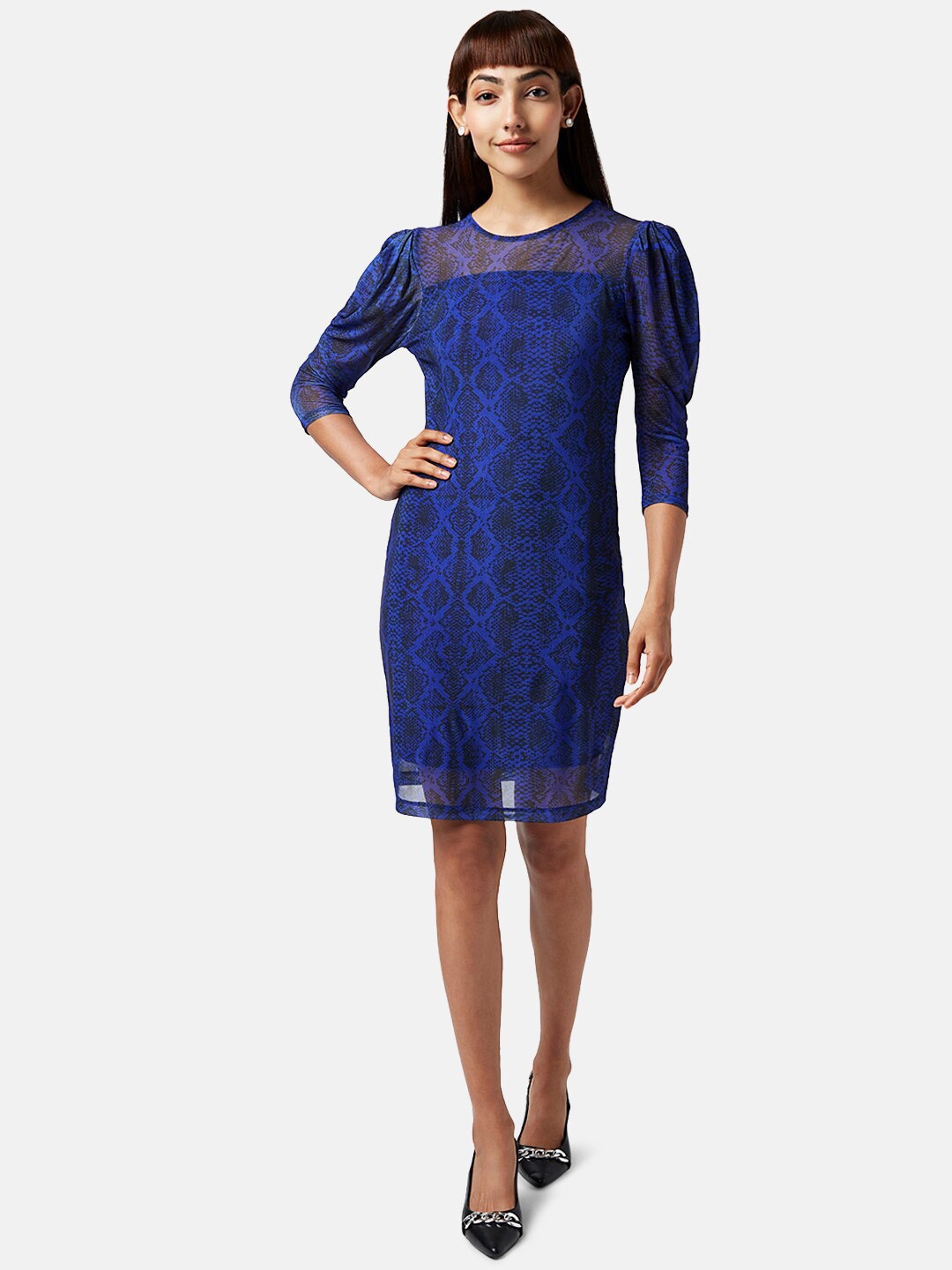 

Annabelle by Pantaloons Self Design Puff Sleeves Knee Length Sheath Dress, Blue