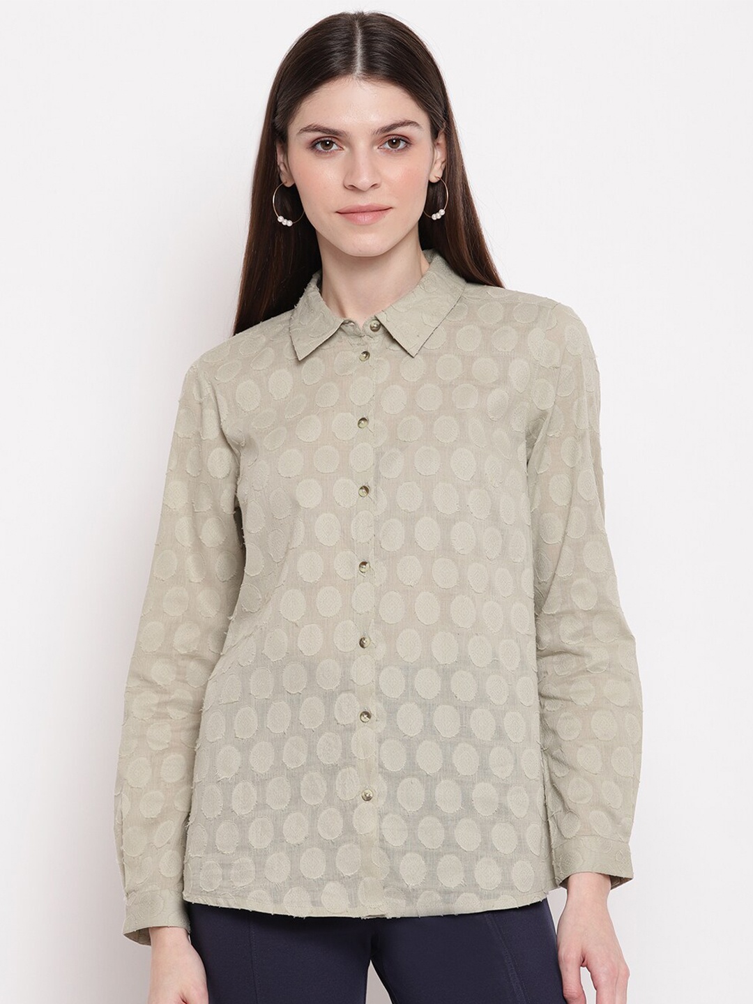 

sandy AND ritz Comfort Self Design Sheer Casual Shirt, Green