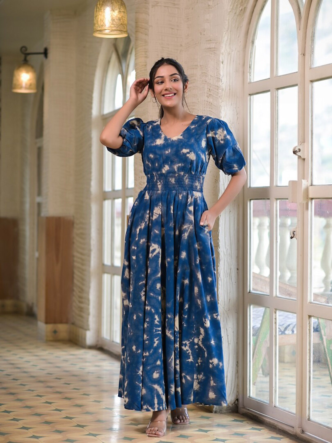 

Hatheli V-Neck Floral Maxi Cotton Dress, Blue