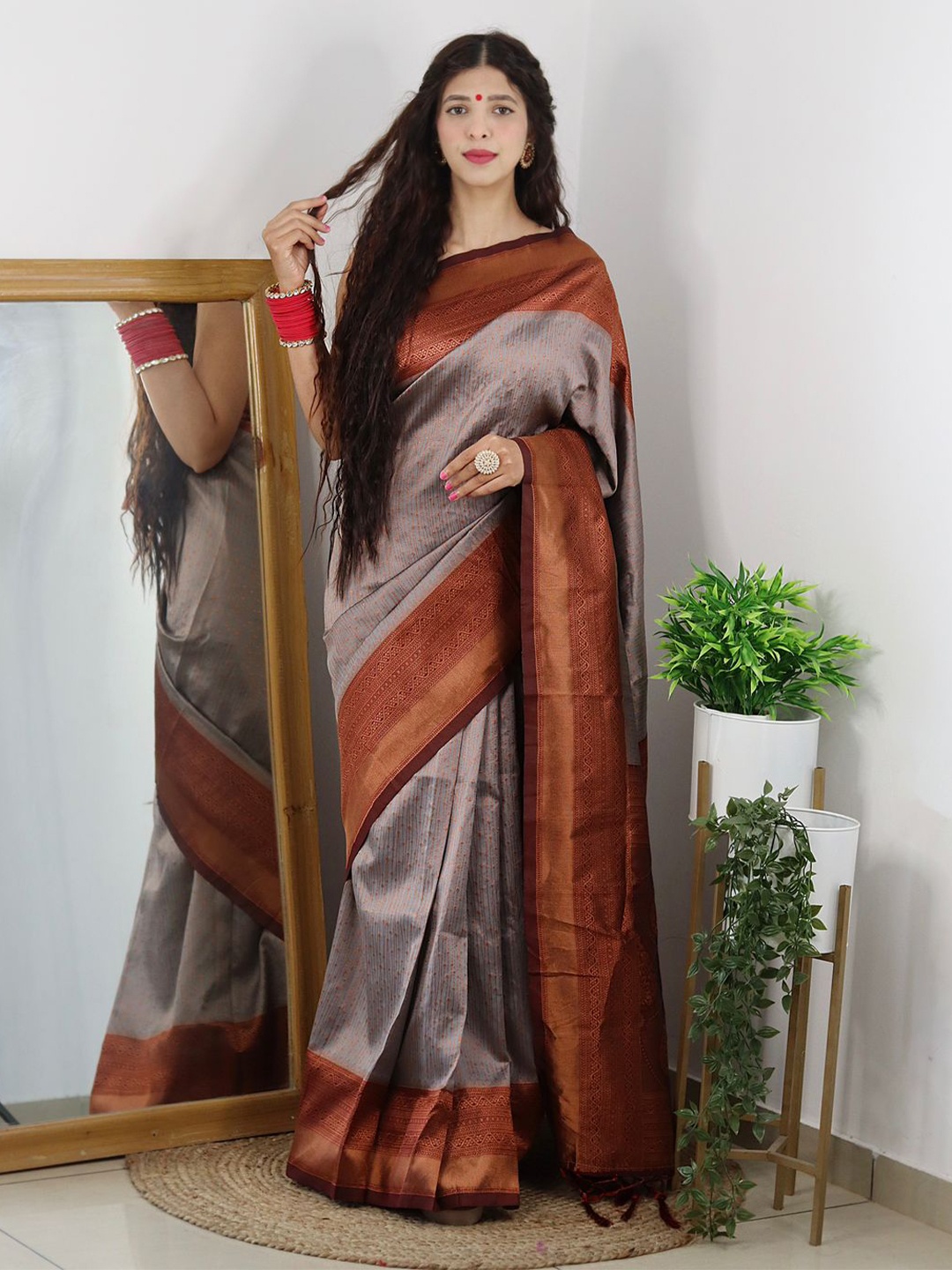 

TIEXA Ethnic Motifs Woven Design Zari Pure Silk Banarasi Saree, Bronze
