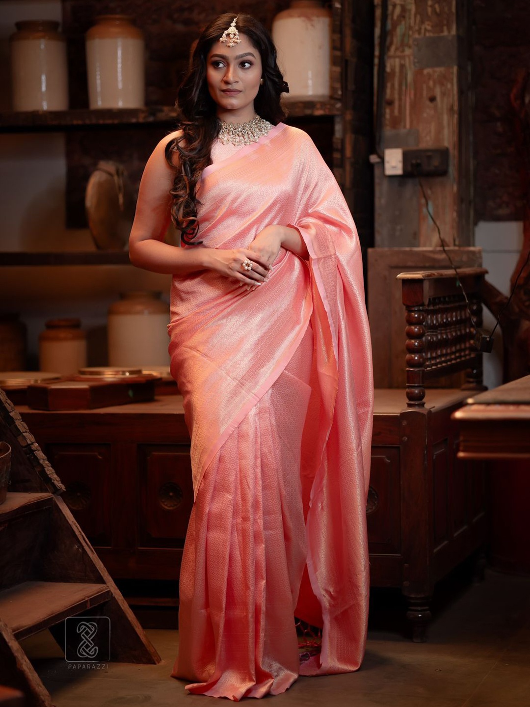 

TIEXA Floral Woven Design Zari Pure Silk Banarasi Saree, Peach