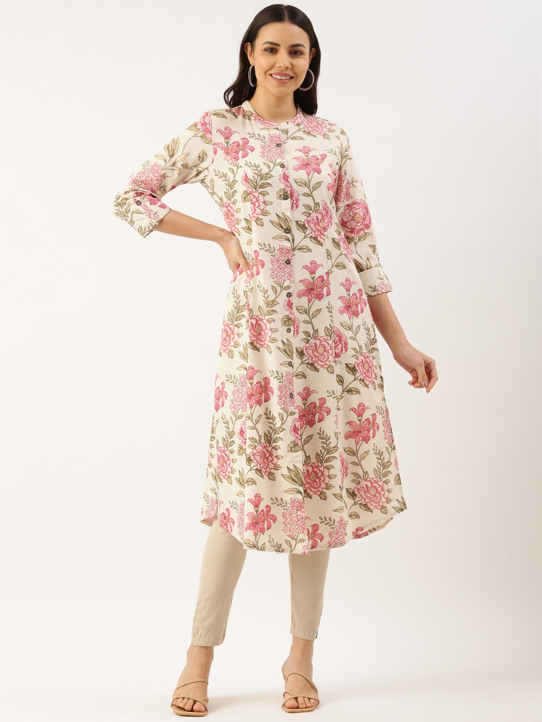 

AMUKTI Floral Printed Kurta, Beige