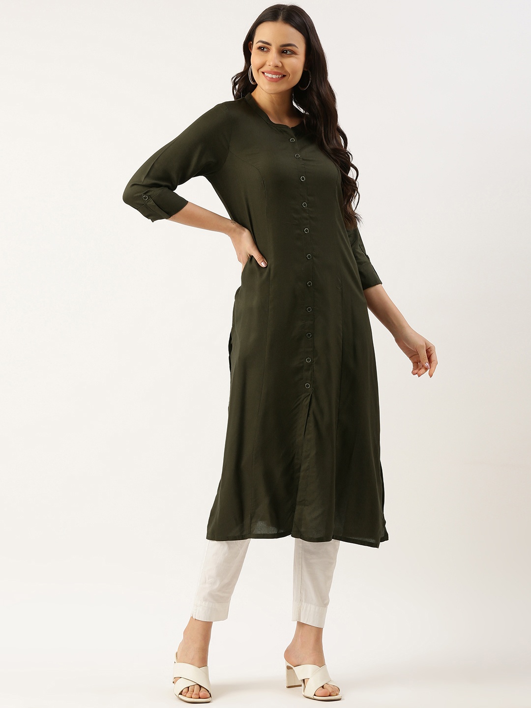 

AMUKTI Solid Princess Cut Kurta, Olive