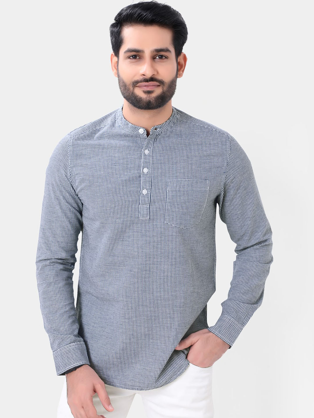 

VASTRADO Checked Mandarin Collar Pure Cotton Short Kurta, Navy blue