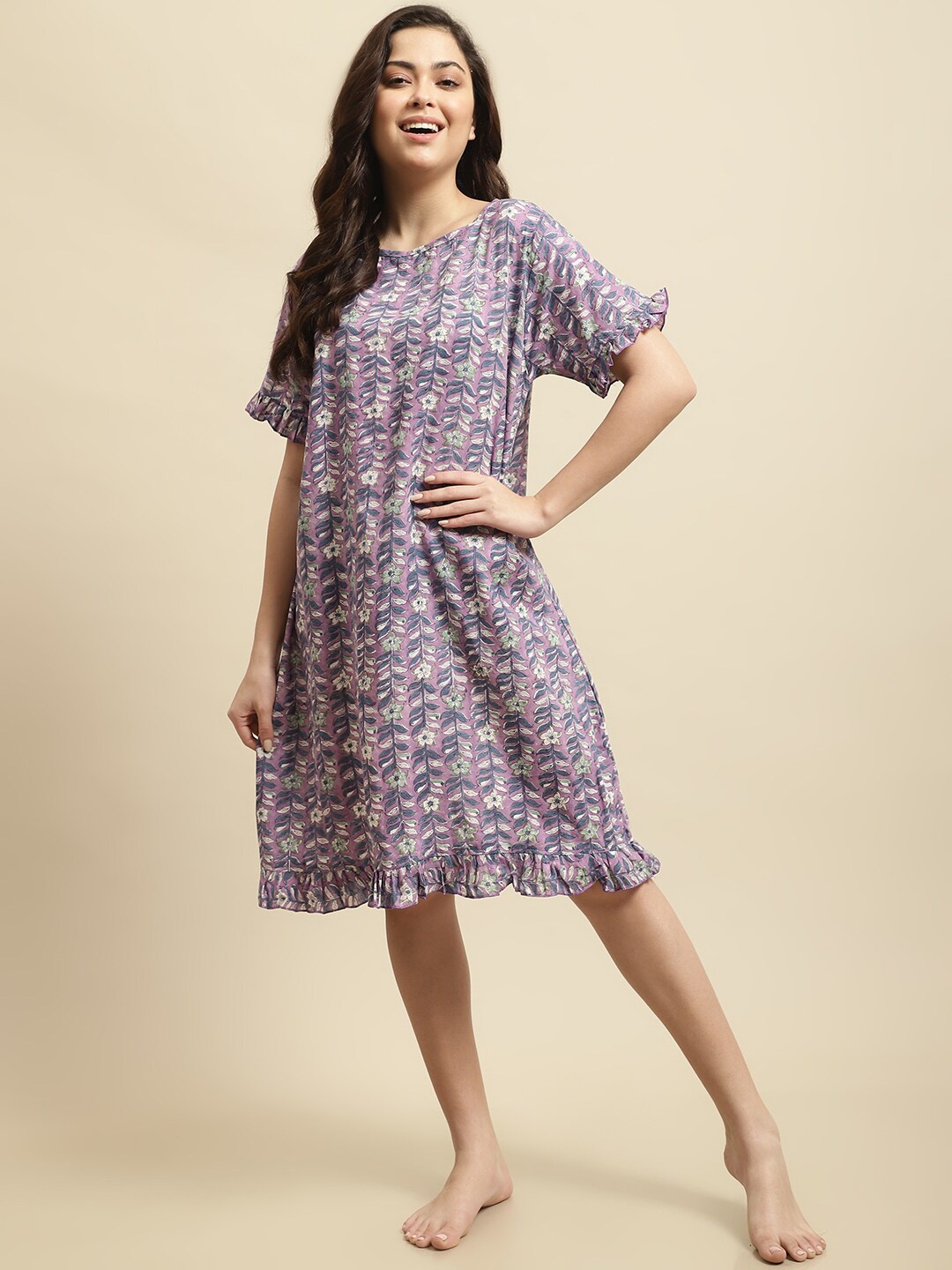 

Secret Wish Printed Pure Cotton T-Shirt Nightdress, Purple