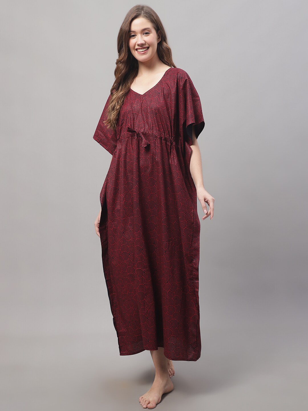 

Secret Wish Printed Cotton Kaftan Maxi Nightdress, Maroon