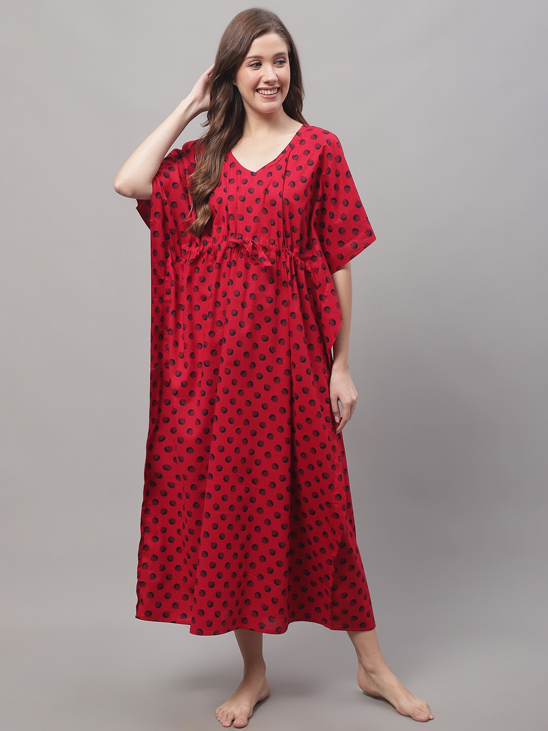

Secret Wish Printed Cotton Kaftan Maxi Nightdress, Red