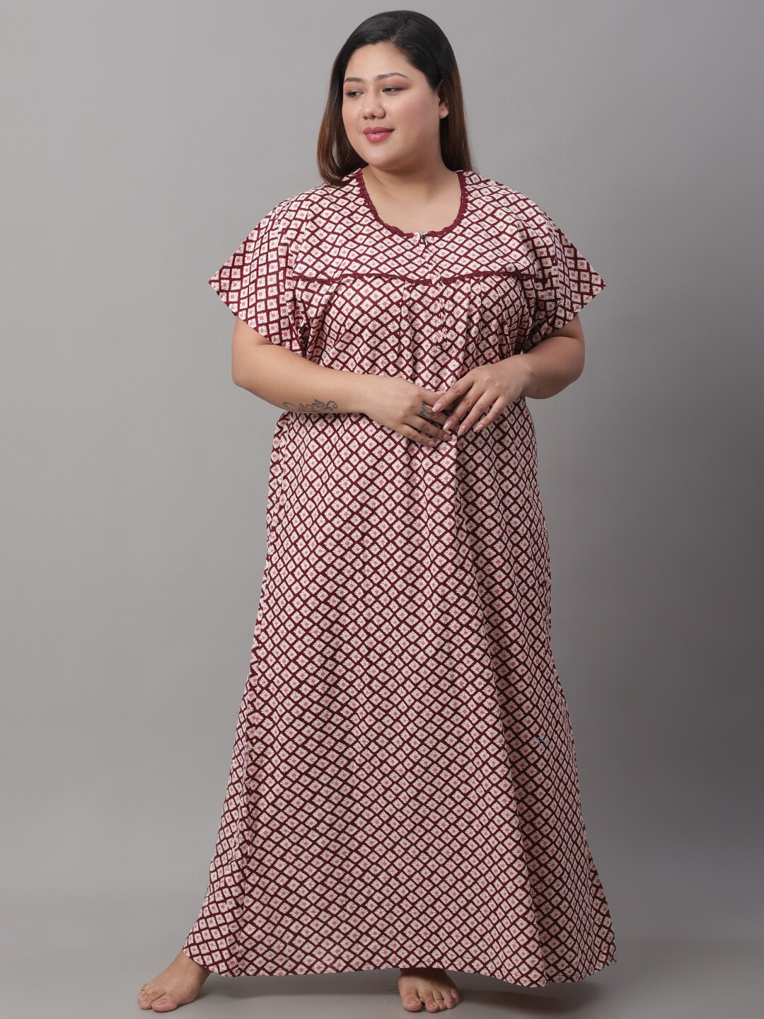 

Secret Wish Women Plus Size Printed Pure Cotton Maxi Nightdress, Maroon