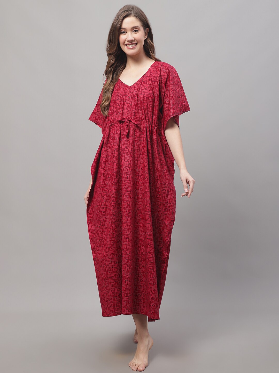 

Secret Wish Printed Pure Cotton Kaftan Maxi Nightdress, Red