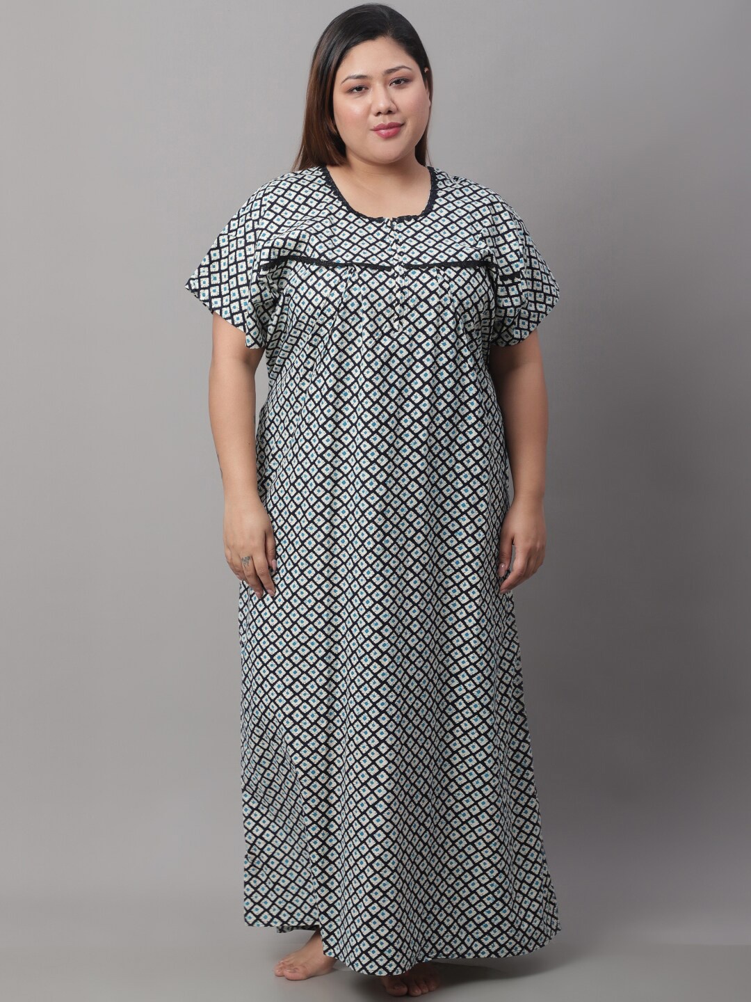 

Secret Wish Women Plus Size Printed Cotton Maxi Nightdress, Navy blue