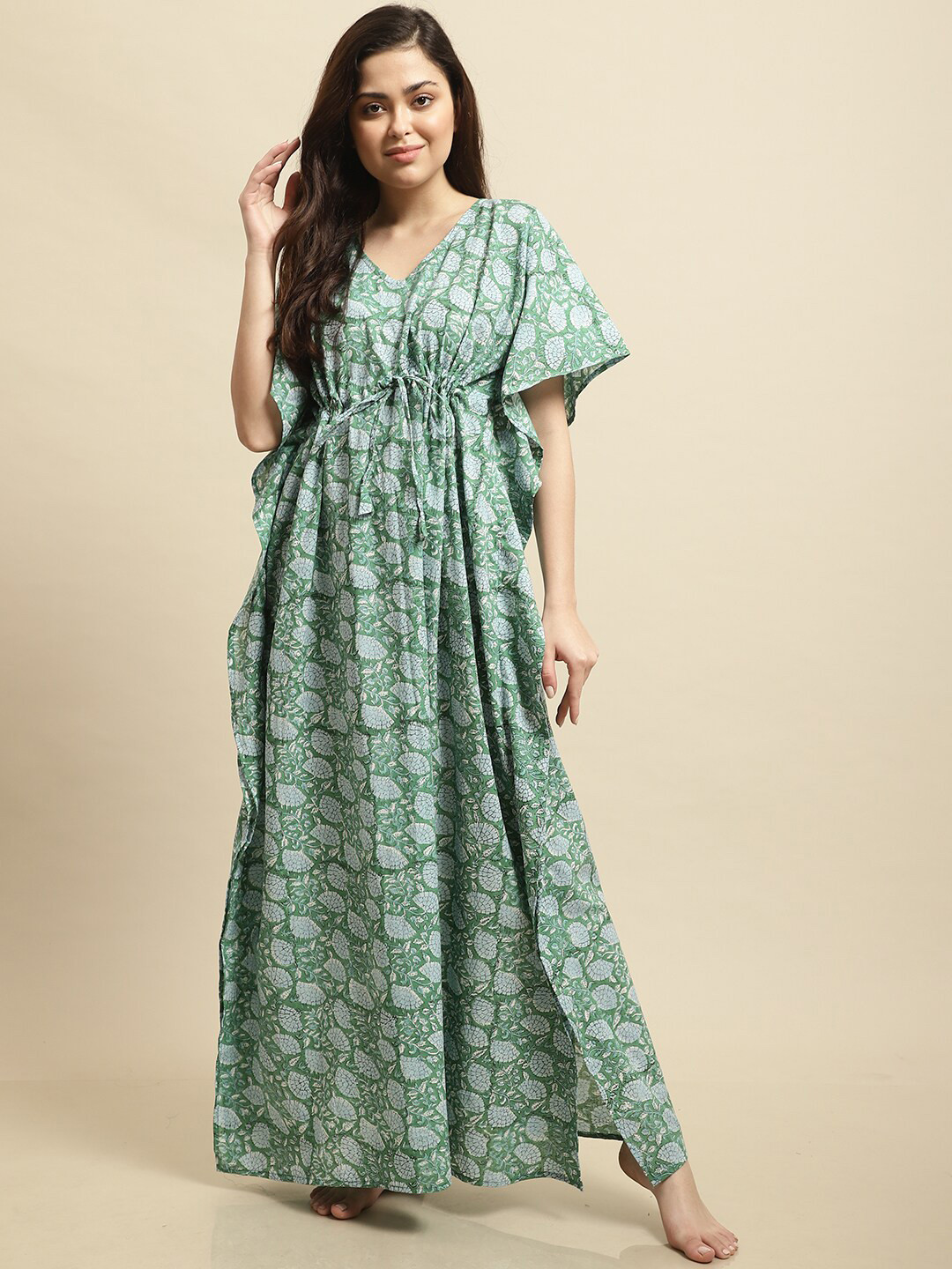 

Secret Wish Sanganeri Handblock Printed Cotton Kaftan Maxi Nightdress, Green