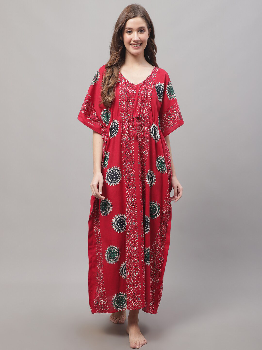 

Secret Wish Printed Cotton Kaftan Maxi Nightdress, Red