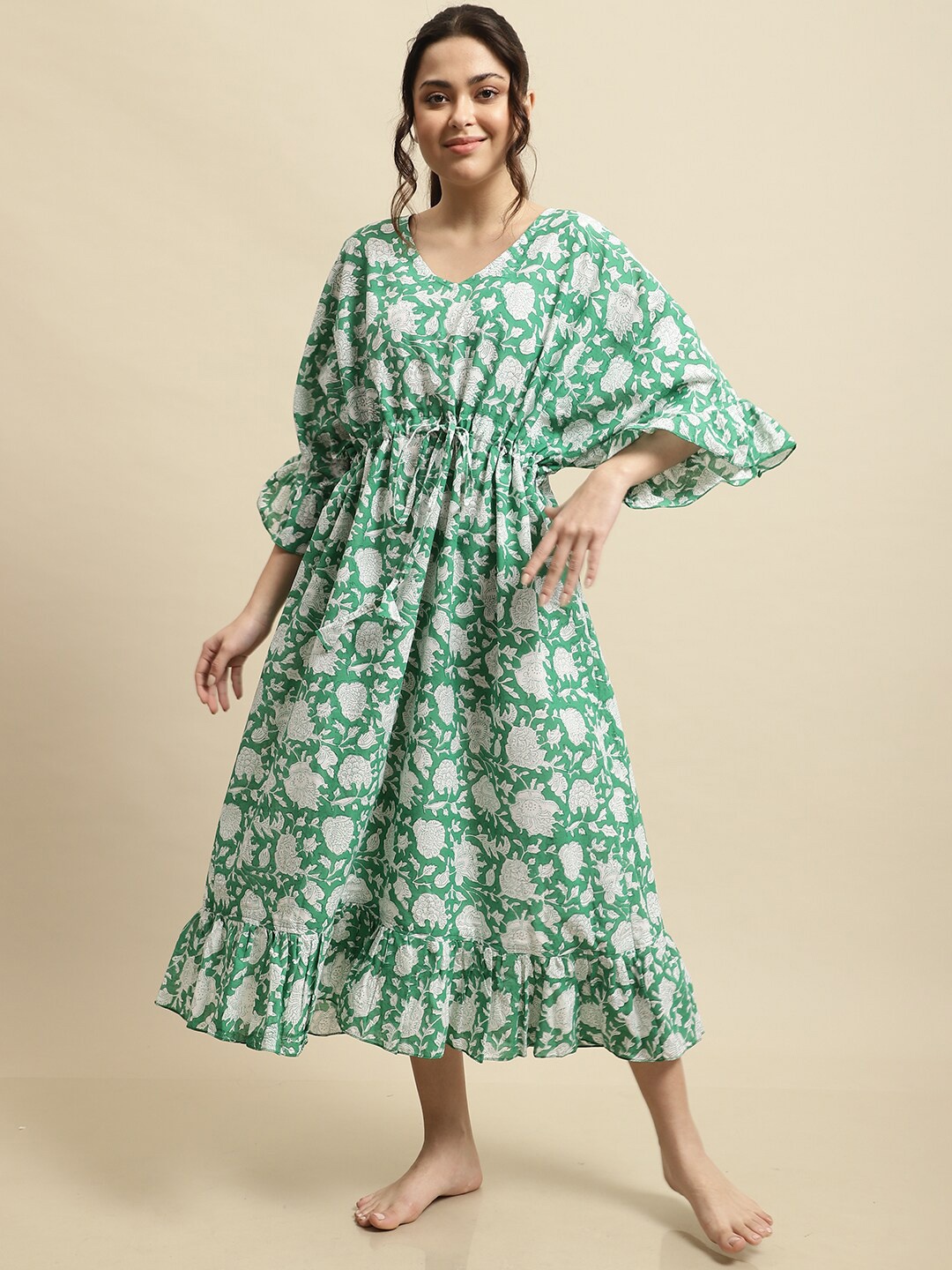 

Secret Wish Sanganeri Handblock Printed Cotton Kaftan Midi Nightdress, Green