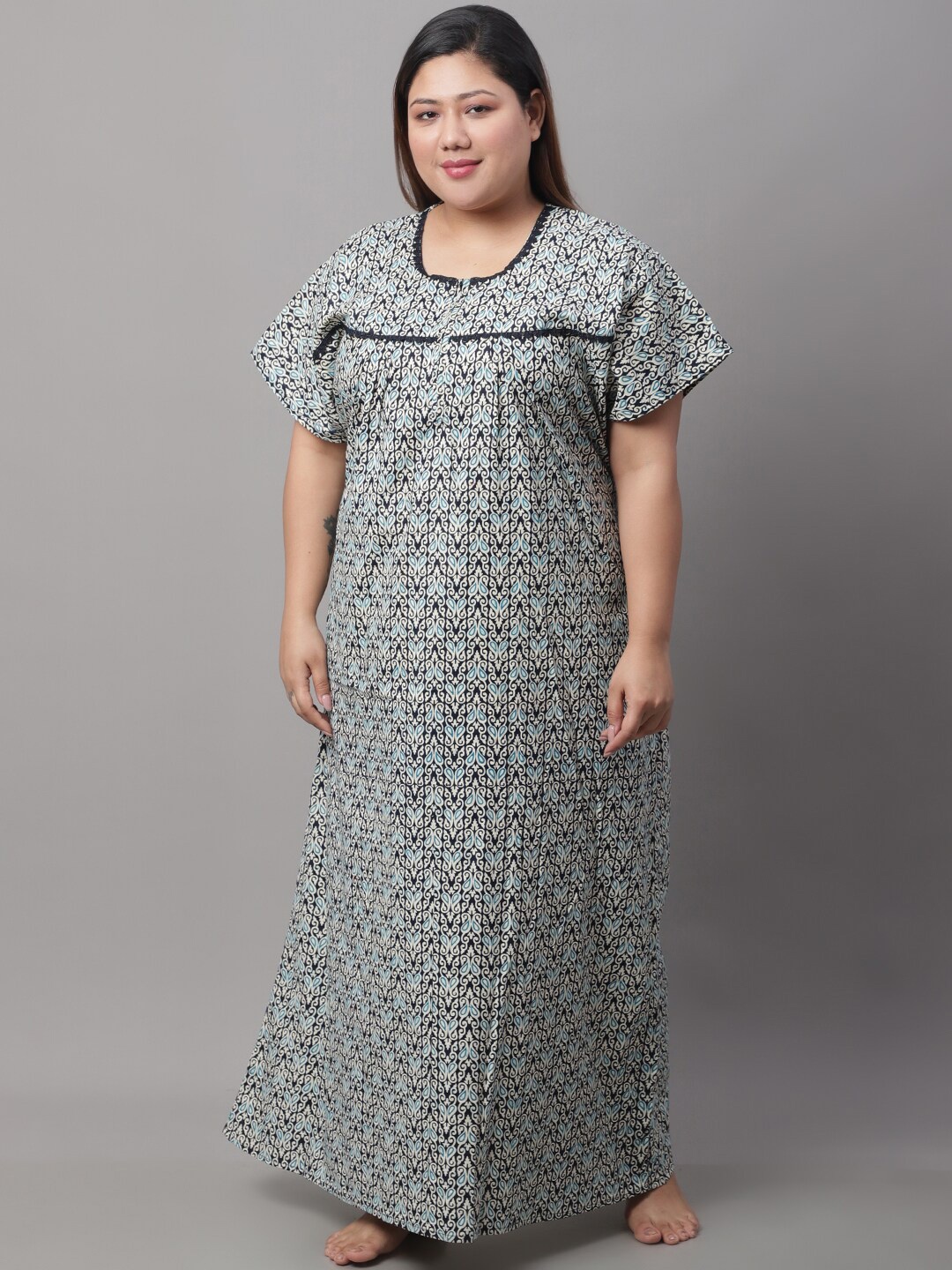 

Secret Wish Women Plus Size Printed Cotton Maxi Nightdress, Navy blue