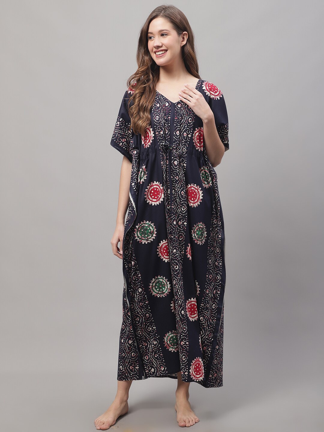 

Secret Wish Printed Cotton Kaftan Maxi Nightdress, Navy blue