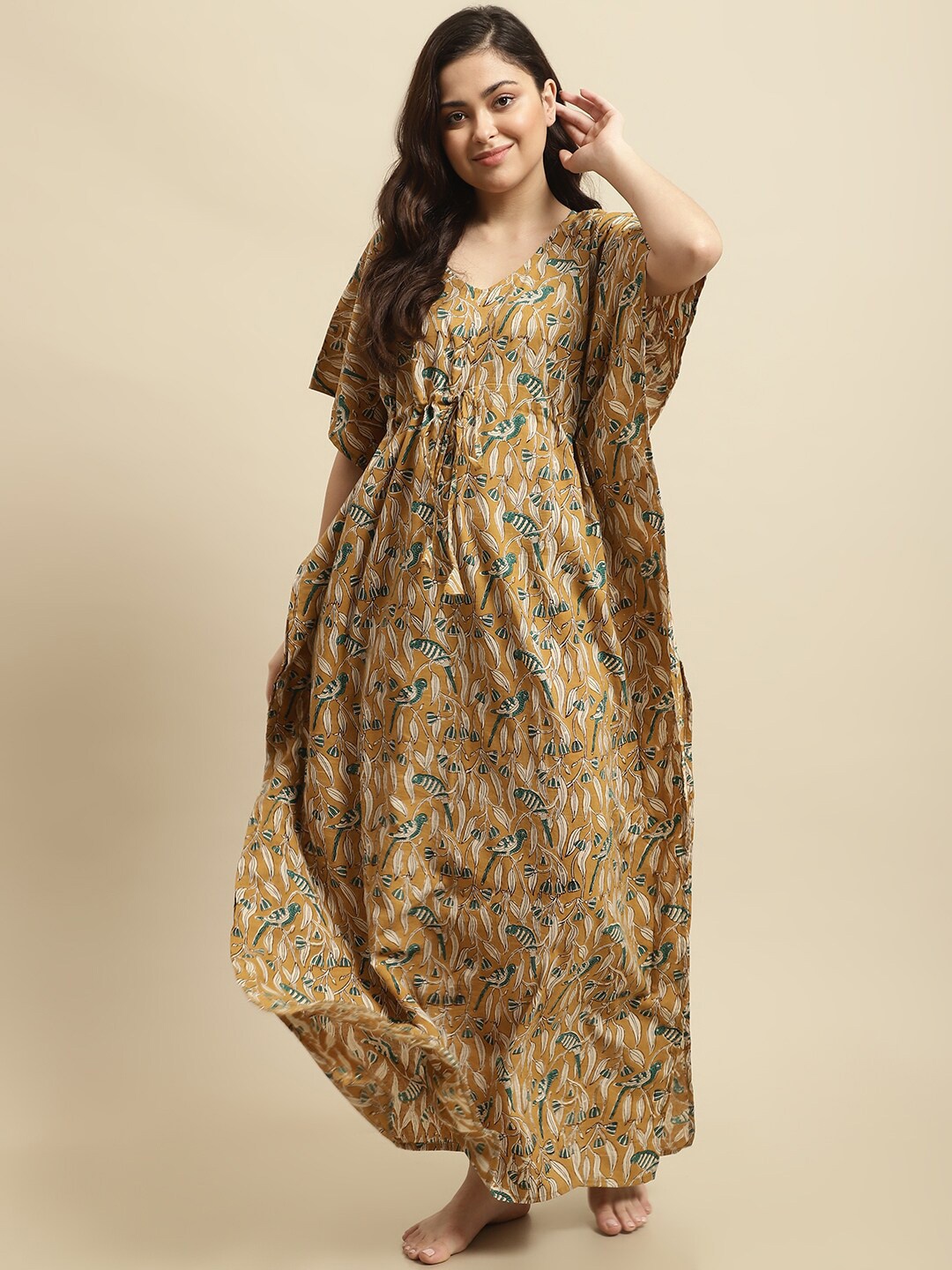 

Secret Wish Sanganeri Handblock Printed Cotton Kaftan Maxi Nightdress, Mustard