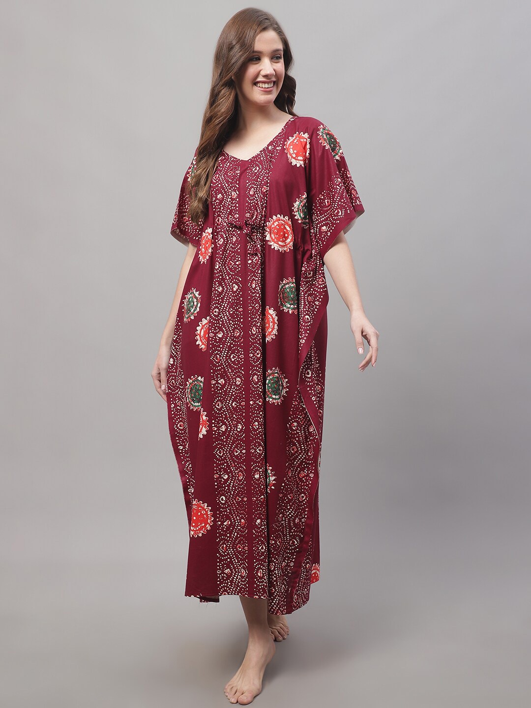 

Secret Wish Printed Cotton Kaftan Maxi Nightdress, Maroon