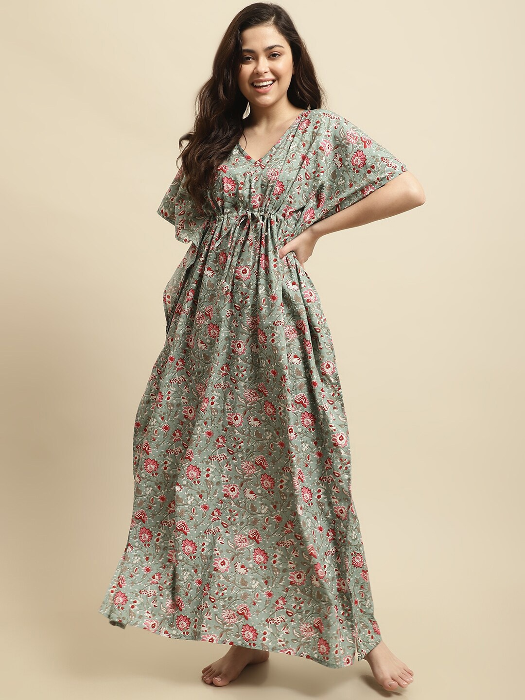 

Secret Wish Sanganeri Print Cotton Kaftan Maxi Nightdress, Green