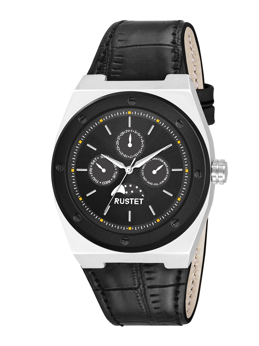 

RUSTET Men Brass Dial & Leather Textured Straps Analogue Watch, Black