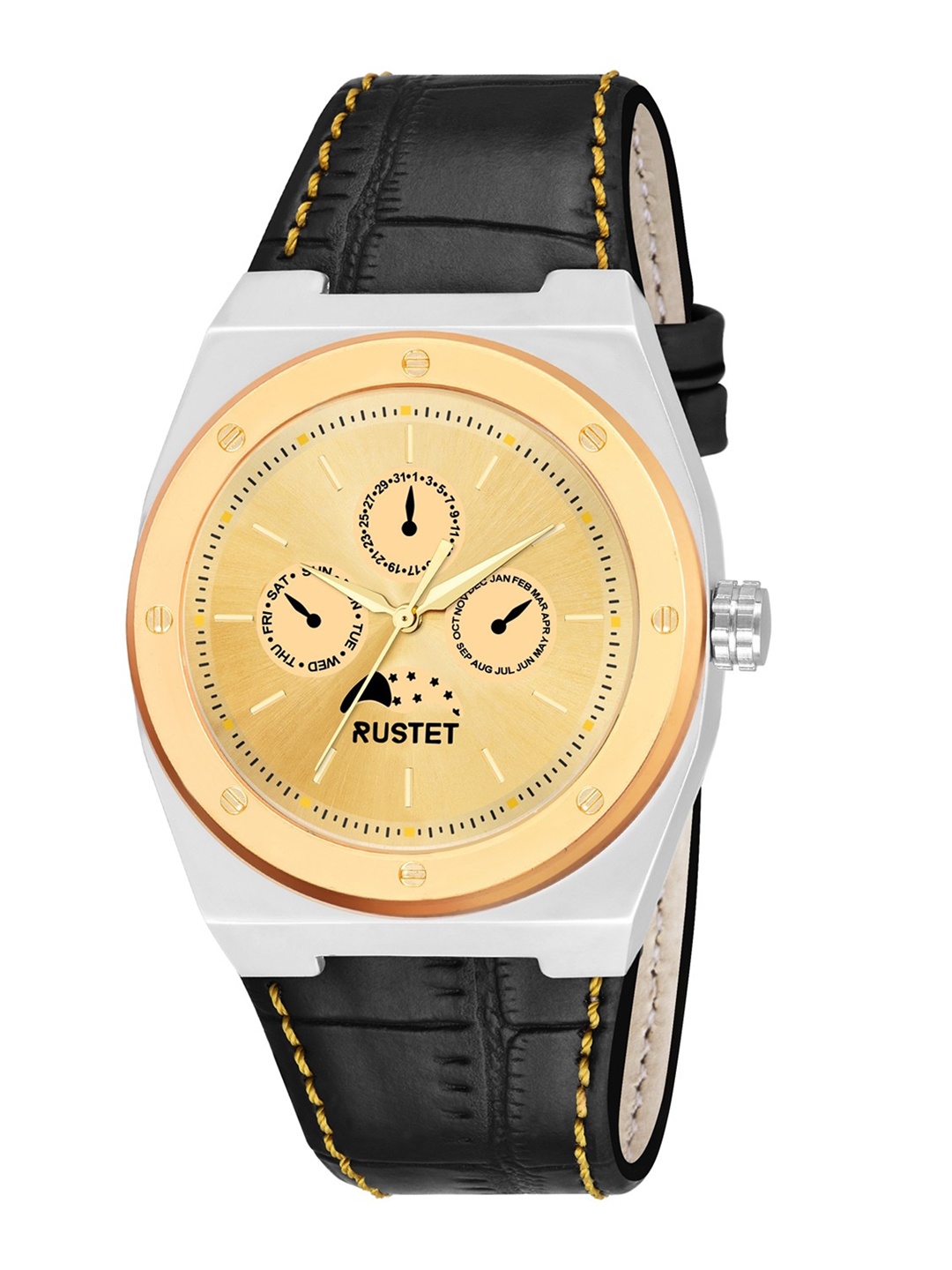 

RUSTET Men Brass Dial & Leather Textured Straps Analogue Watch RS719-GOLD, Black