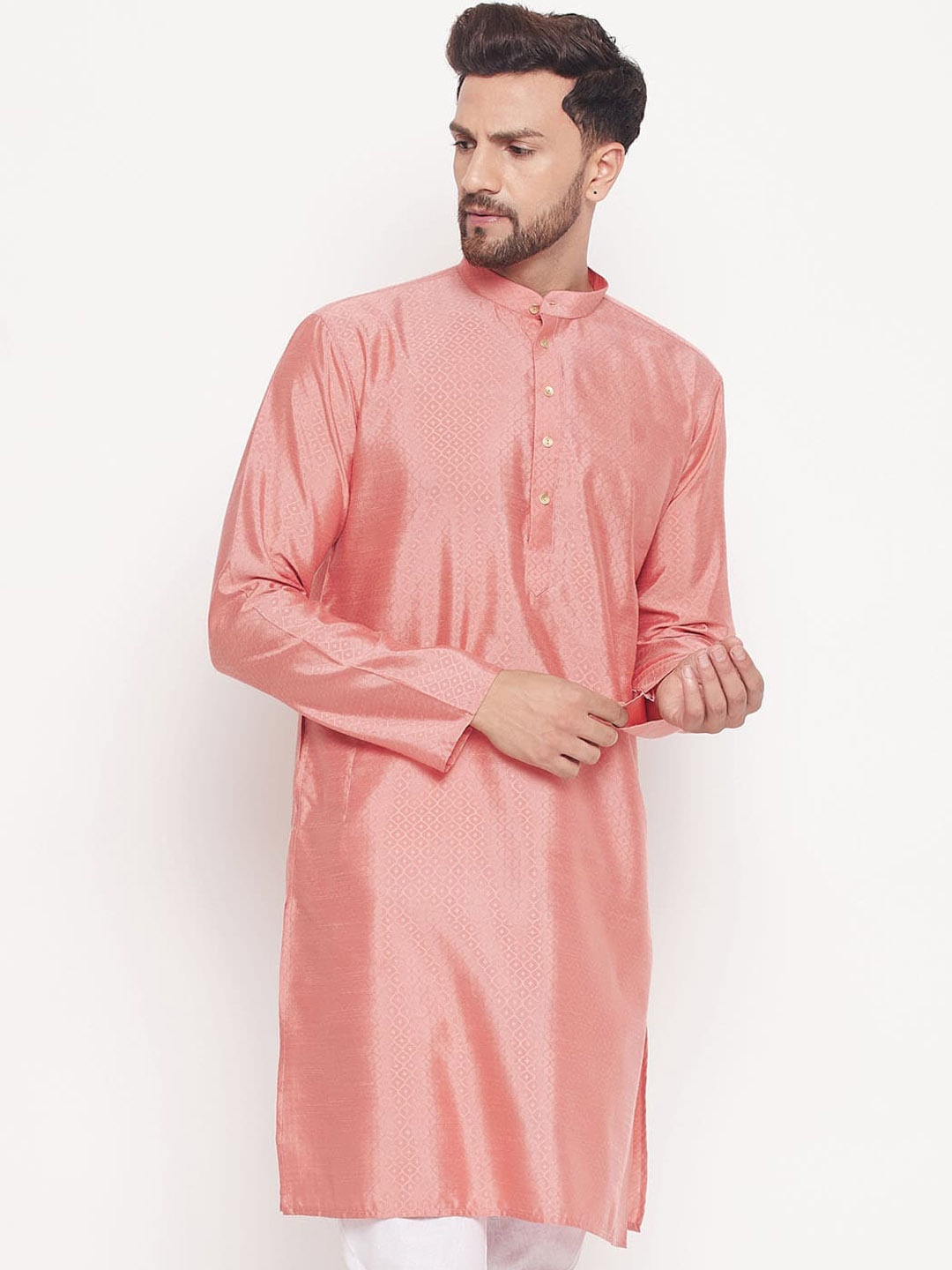 

VASTRAMAY Woven Design Mandarin Collar Jacquard Kurta, Pink