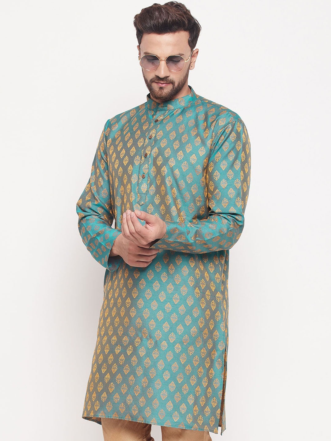 

VASTRAMAY Ethnic Motifs Woven Design Jacquard Silk Straight Kurta, Teal