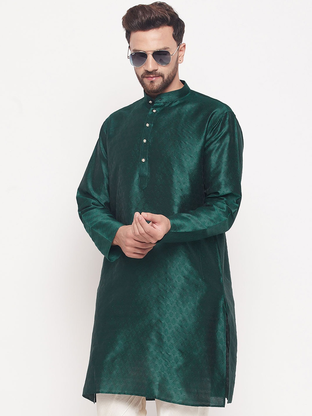 

VASTRAMAY Woven Design Mandarin Collar Jacquard Kurta, Green