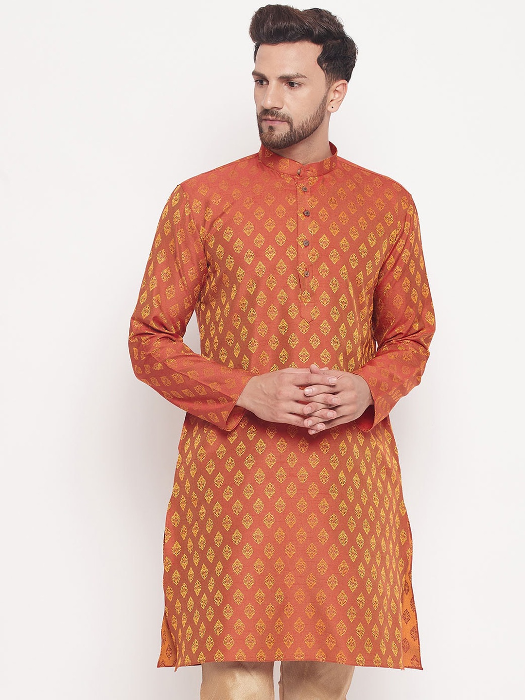 

VASTRAMAY Woven Design Mandarin Collar Jacquard Silk Kurta, Orange
