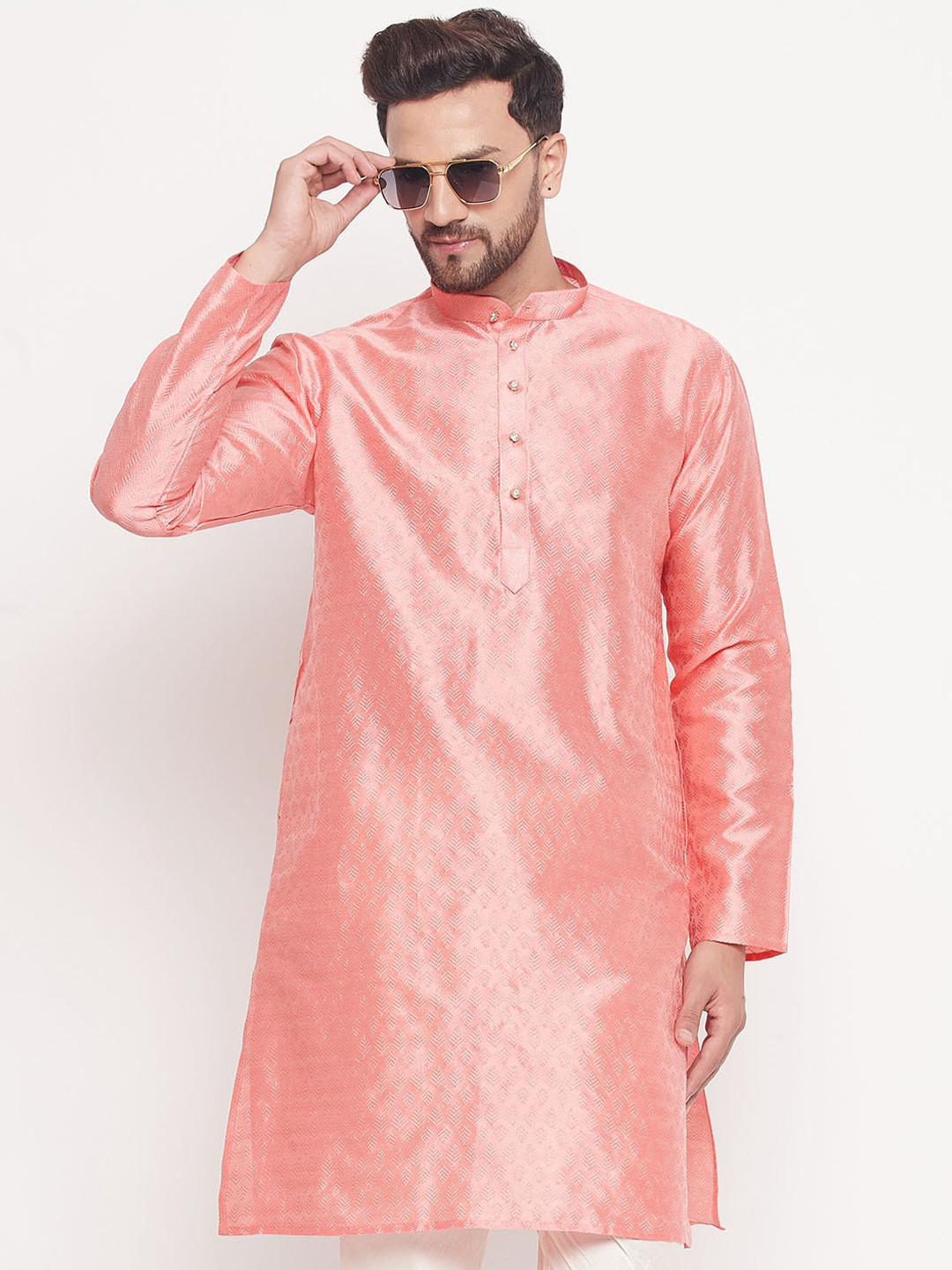 

VASTRAMAY Woven Design Mandarin Collar Kurta, Pink