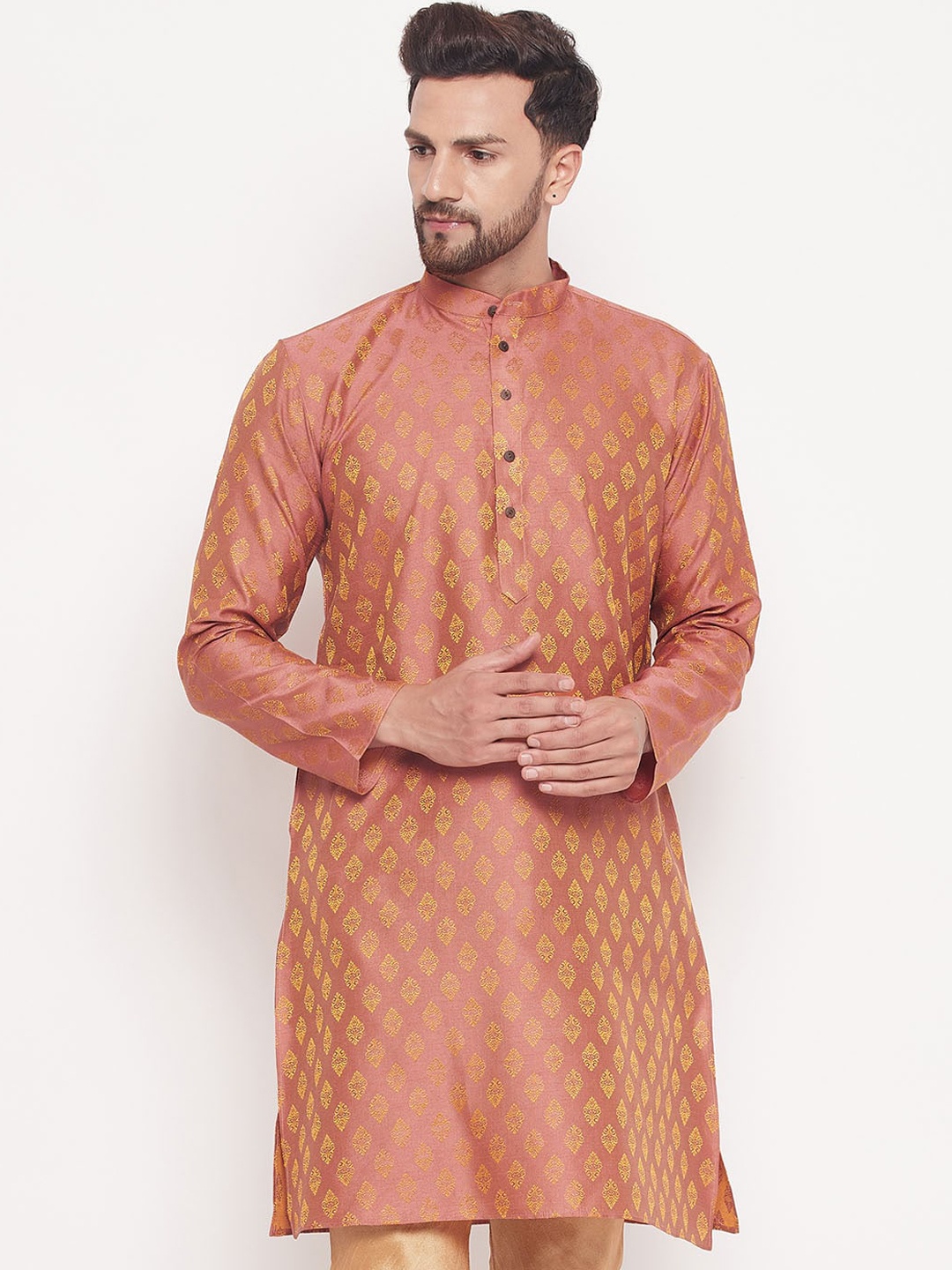 

VASTRAMAY Ethnic Motifs Printed Mandarin Collar Kurta, Rose gold
