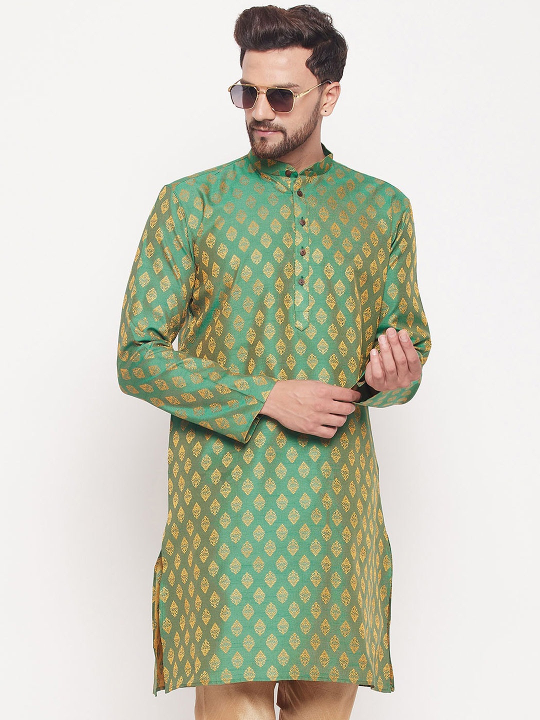 

VASTRAMAY Ethnic Motifs Woven Design Jacquard Straight Kurta, Green