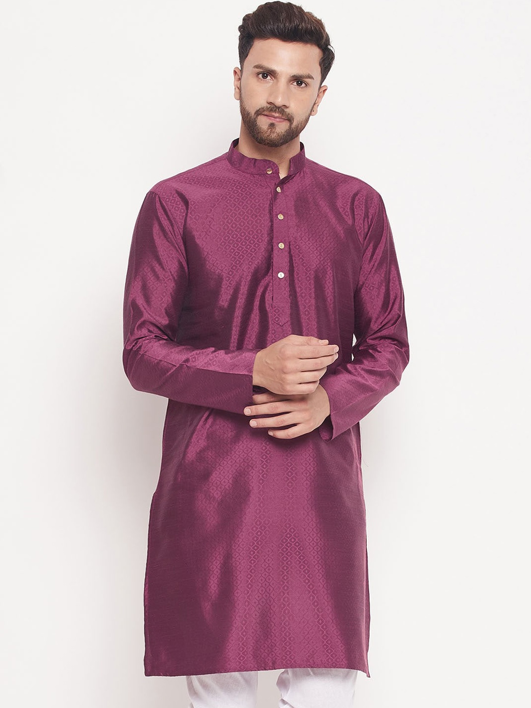 

VASTRAMAY Woven Design Mandarin Collar Kurta, Purple
