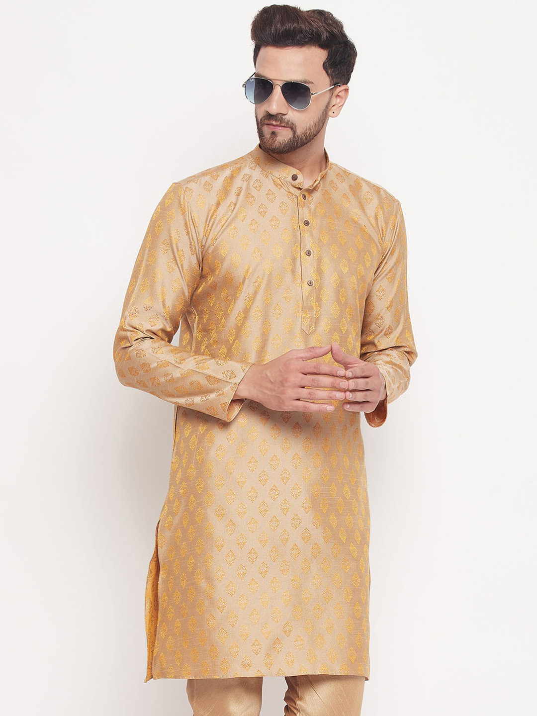 

VASTRAMAY Ethnic Motifs Woven design Band Collar Jacquard Silk Kurta, Beige