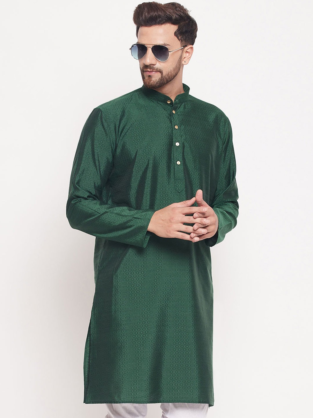 

VASTRAMAY Woven Design Mandarin Collar Jacquard Kurta, Green