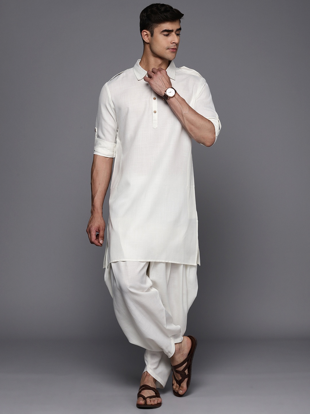 Inddus Solid Linen Blend Pathani Kurta with Pyjamas, White