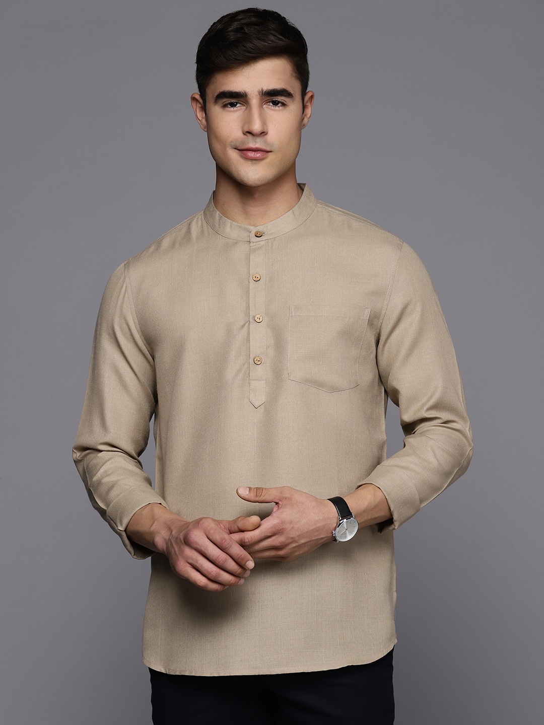 

Inddus Solid Linen Blend Kurta, Beige