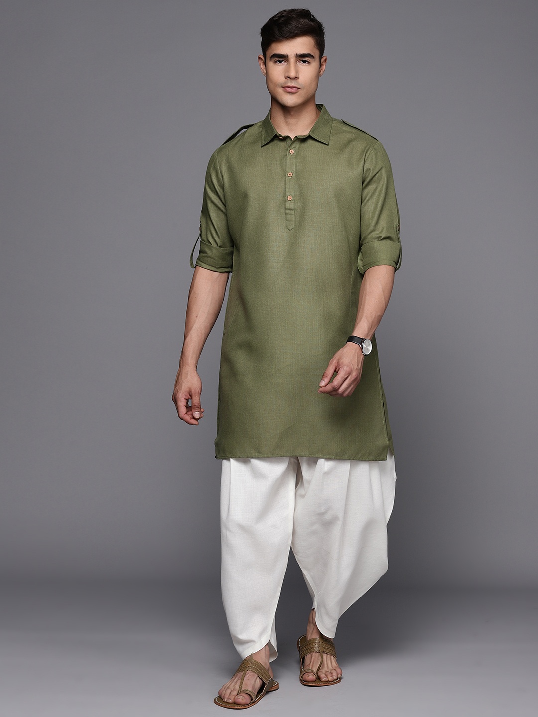 

Inddus Linen Pathani Kurta with Dhoti Pants, Olive
