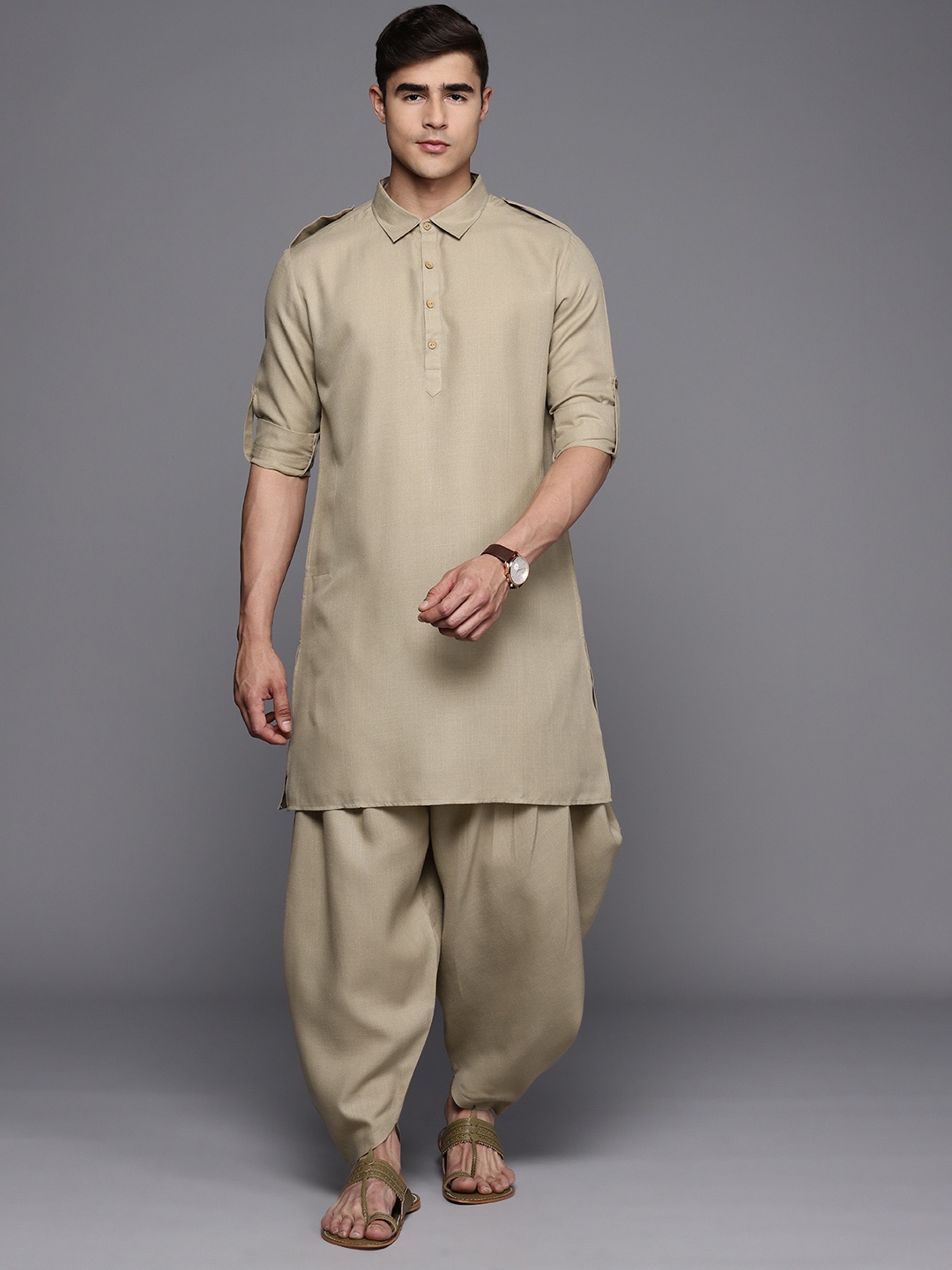 Inddus Linen Pathani Kurta with Dhoti Pants, Beige