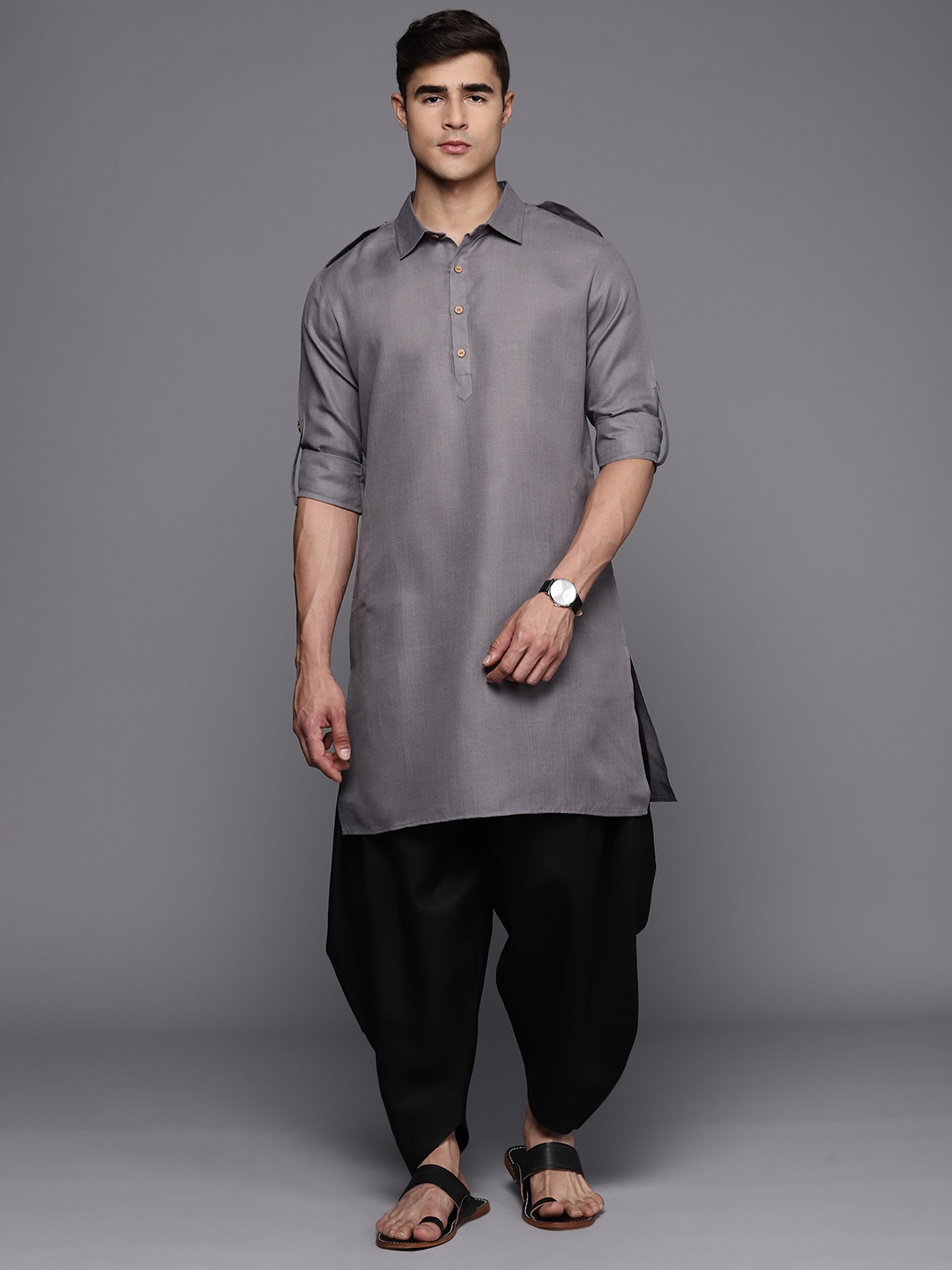 Inddus Linen Pathani Kurta with Dhoti Pants, Grey