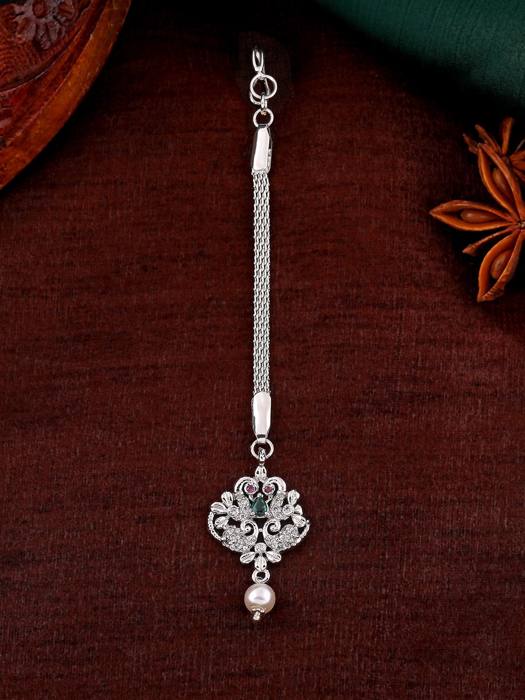 

Estele Rhodium-Plated American Diamond Studded Maang Tikka, Pink