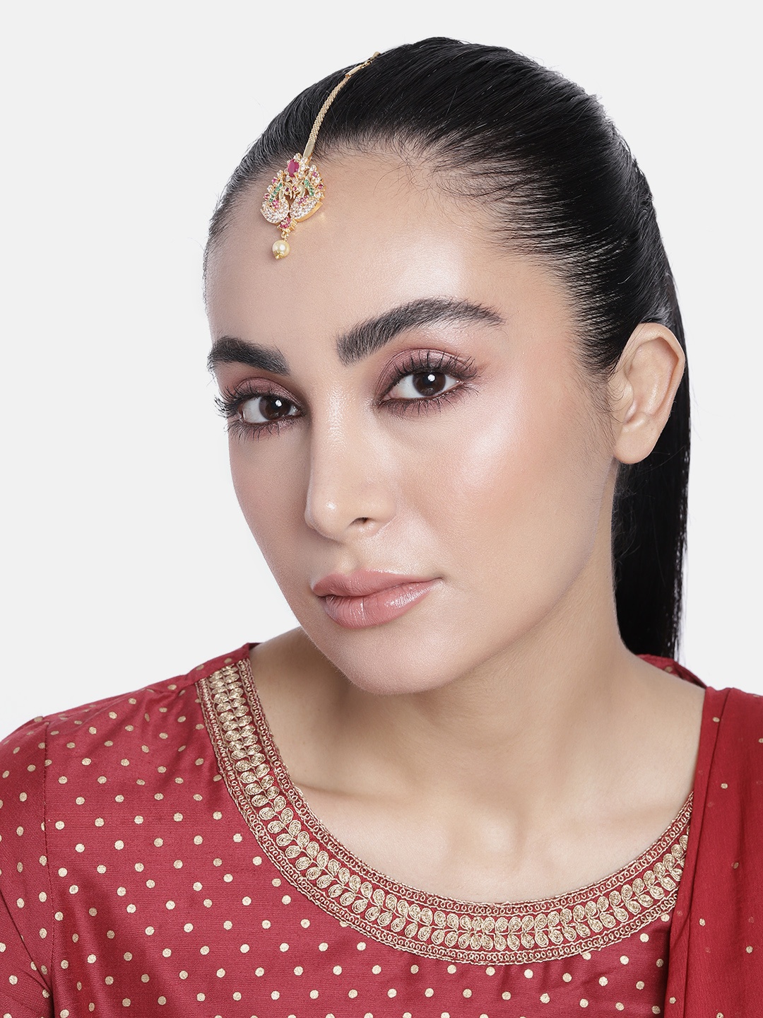 

Estele Gold-Plated American Diamond Beaded Maang Tikka, Pink