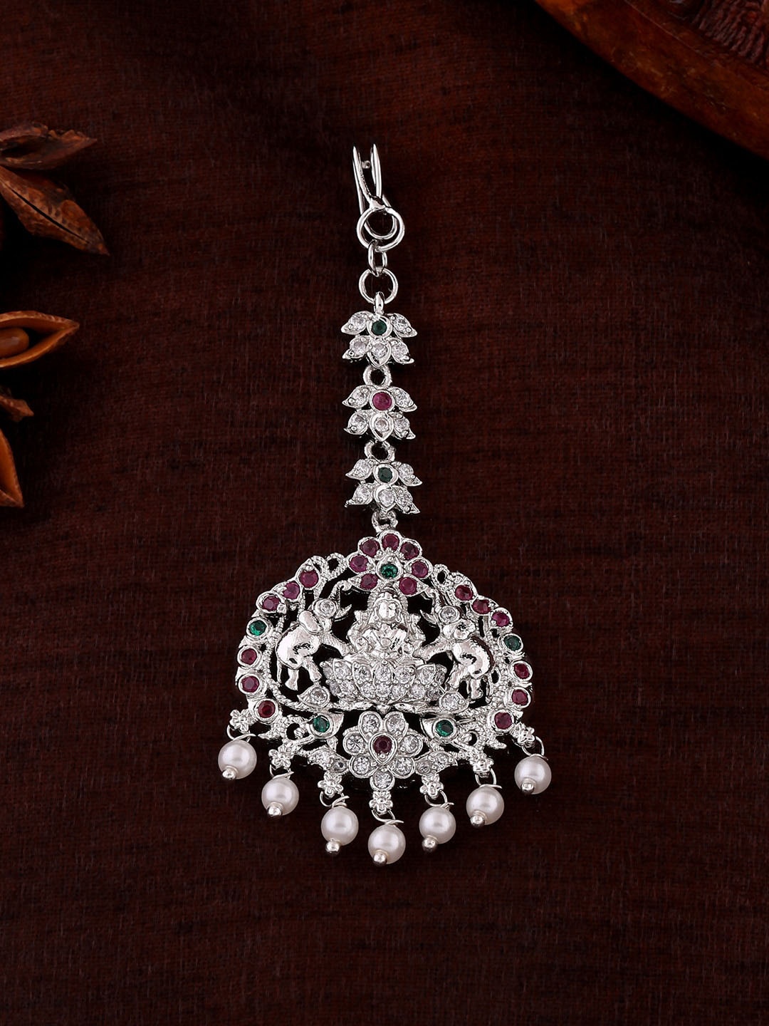 

Estele Rhodium-Plated AD-Studded & Beaded Maang Tikka, Pink