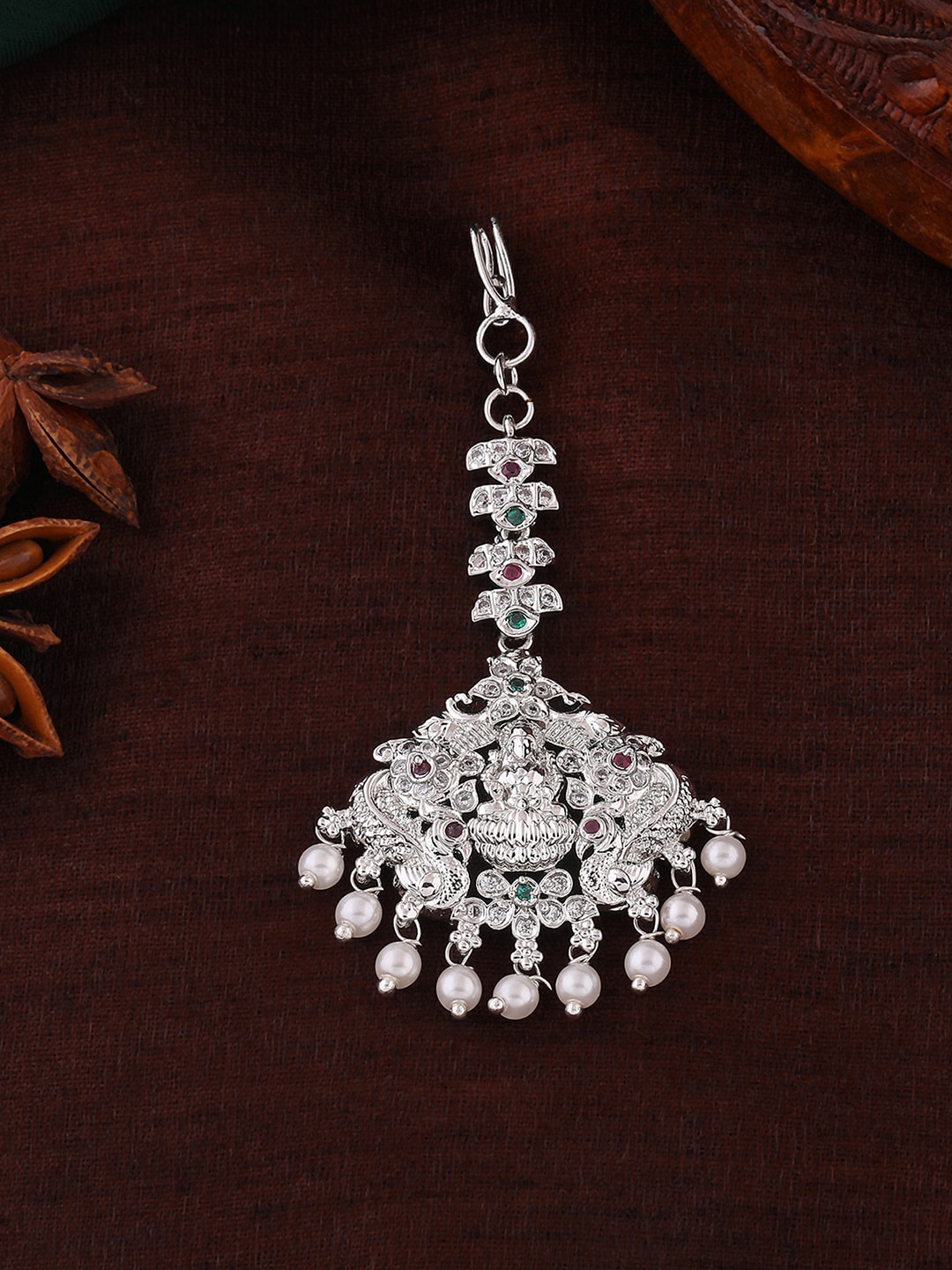 

Estele Rhodium-Plated AD-Studded & Beaded Maang Tikka, White