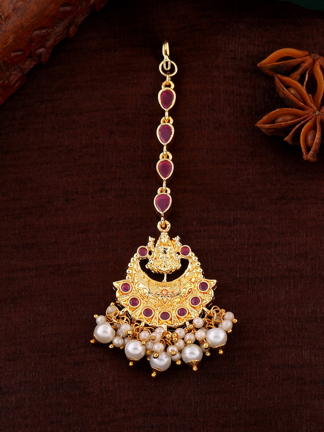 

Estele Gold-Plated AD-Studded & Beaded Peacock Maang Tika, Green