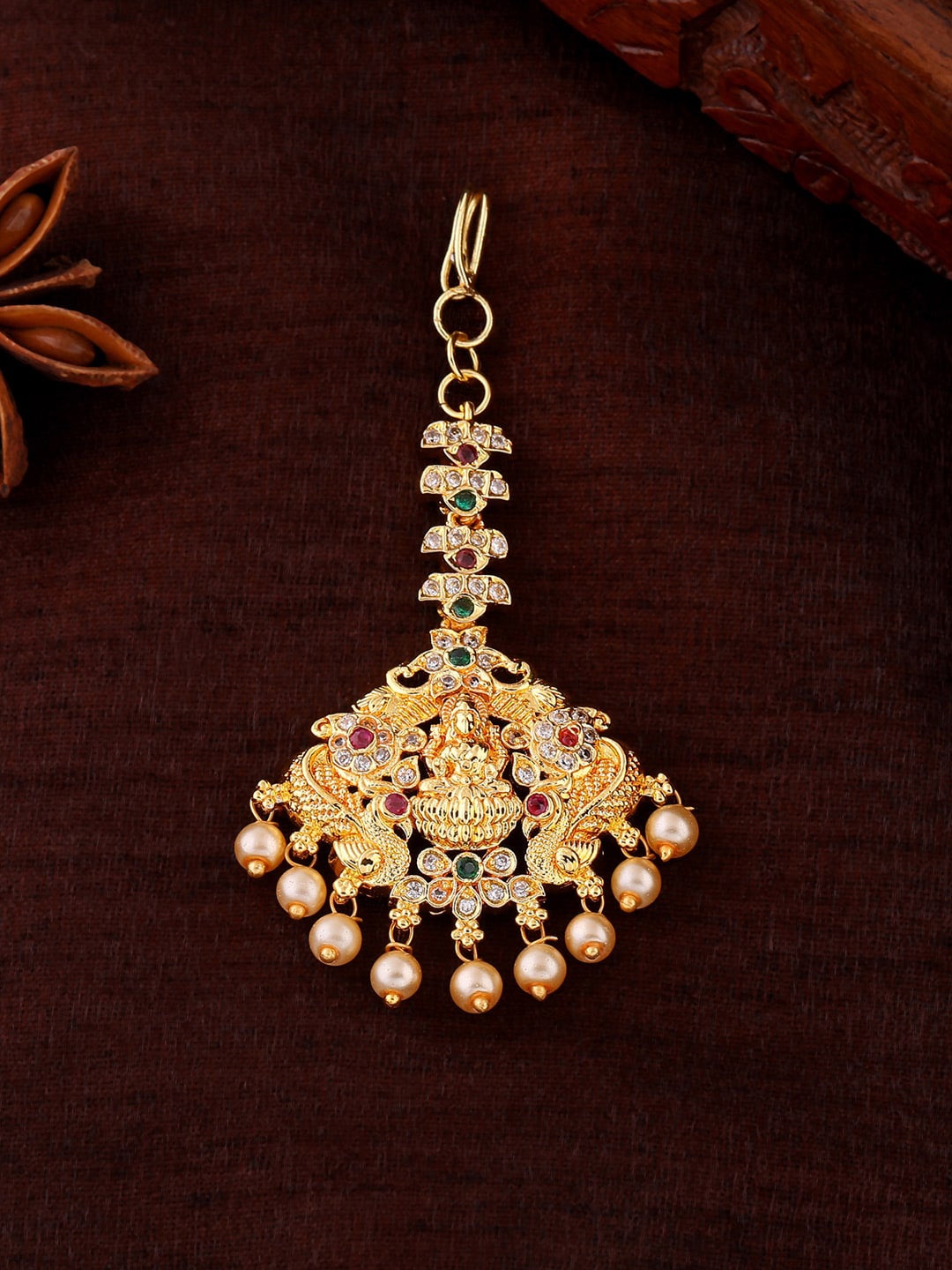 

Estele Gold-Plated CZ-Studded & Beaded Lakshmi Maang Tika, White
