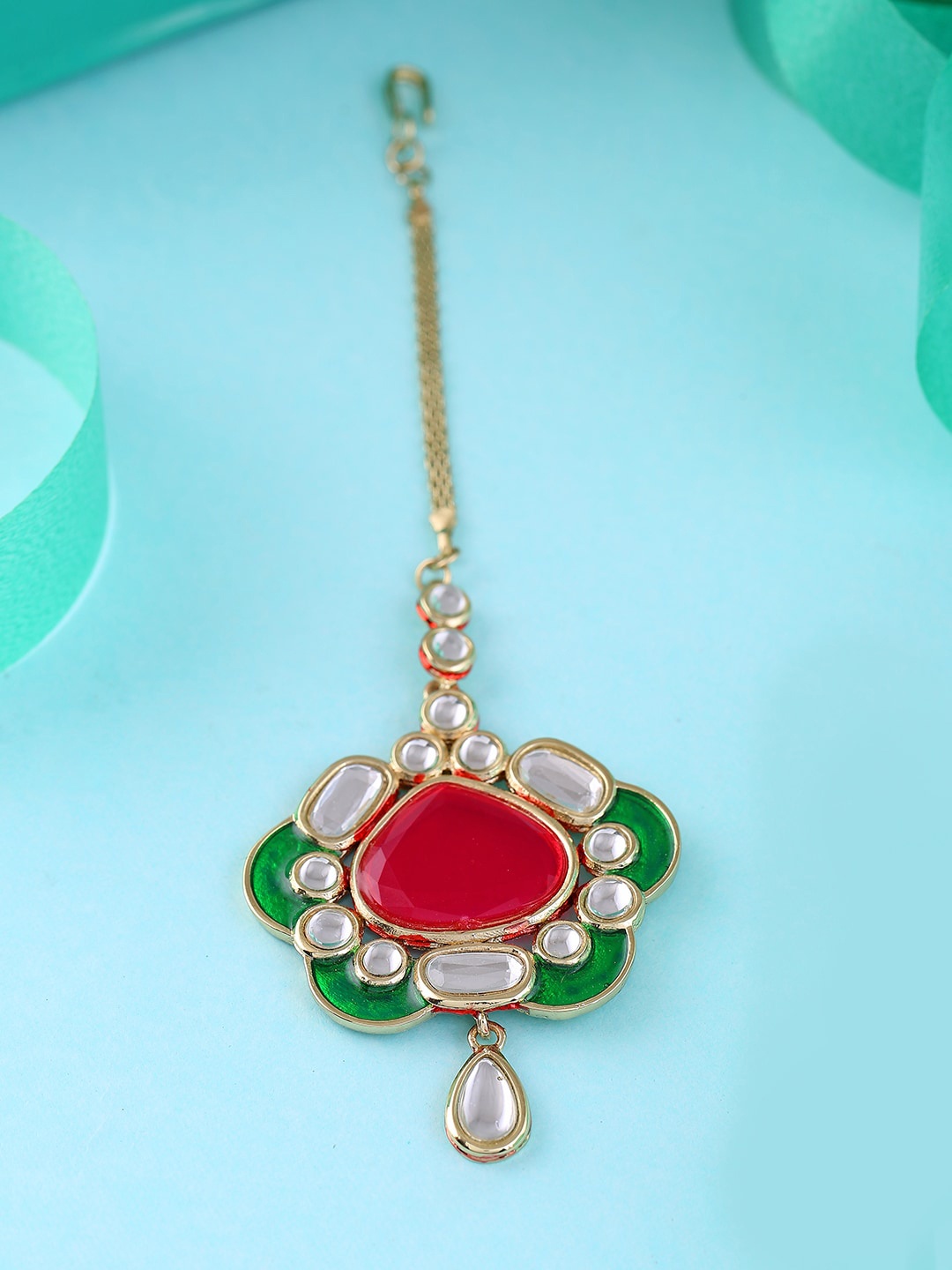 

Estele Gold-Plated Kundan-Studded & Beaded Maang Tikka, Green